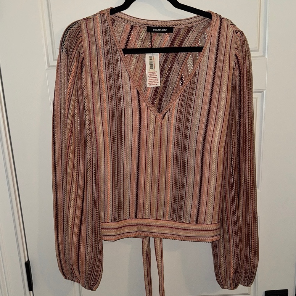 Sugarlips NWT V-Neck Striped Blouse - Pink and Maroon, with tie in back.